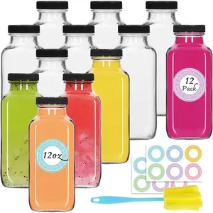 12 pack 12 oz Glass Juice Bottles with , 360 ml  Glass Water Bottles, Empty Drink Containers Drinking Jars with Brush, for Milk, Juicing, Kombucha, Ginger