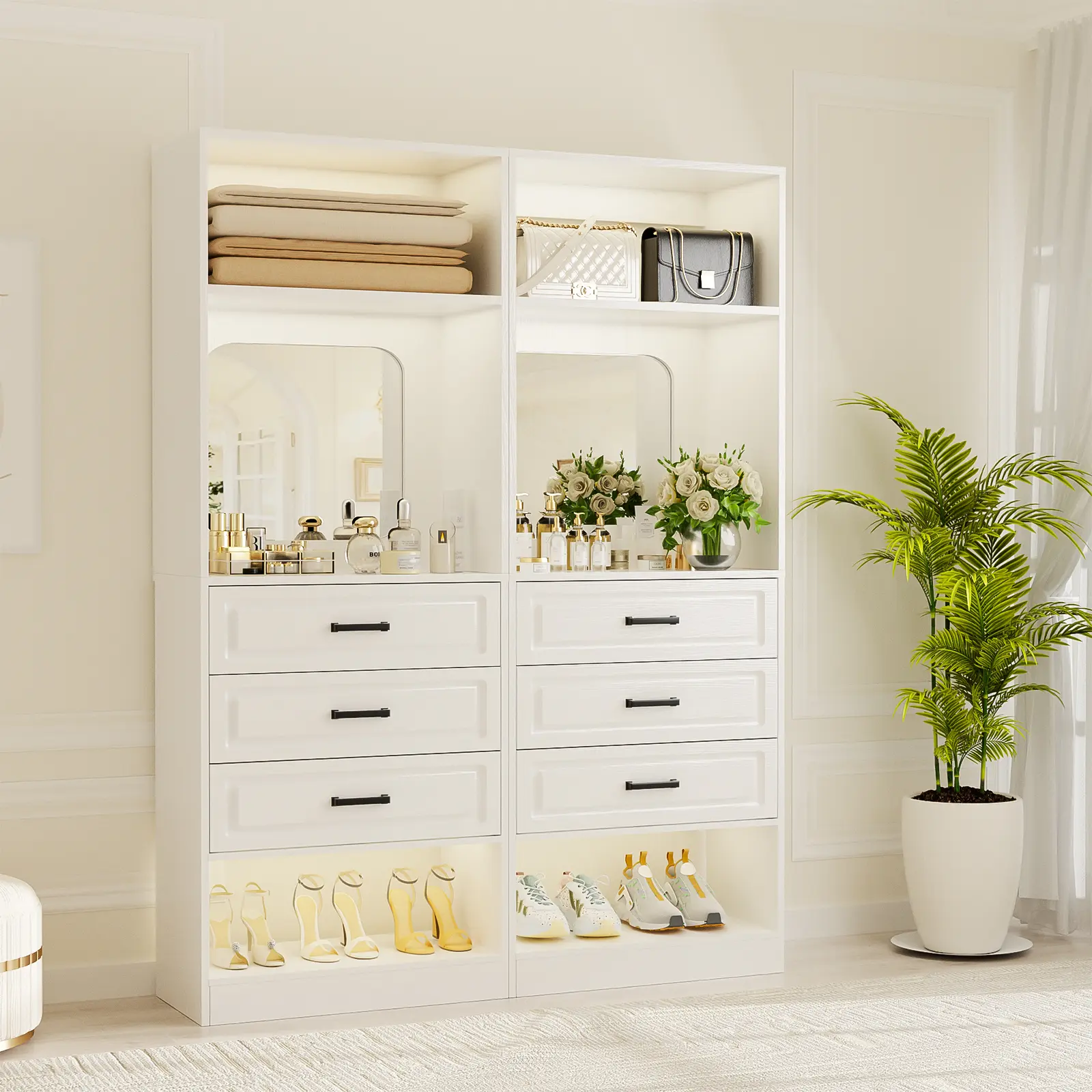 25"W -100"W Freestanding Closet System with 3 Drawers, Closets Organizer Wardrobe with Storage Shelves and Mirror,Heavy Duty Wood Walk-in Closet Towers for Bedroom