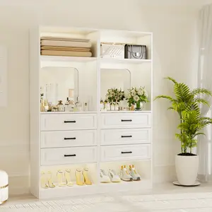 25"W -100"W Freestanding Closet System with 3 Drawers, Closets Organizer Wardrobe with Storage Shelves and Mirror,Heavy Duty Wood Walk-in Closet Towers for Bedroom