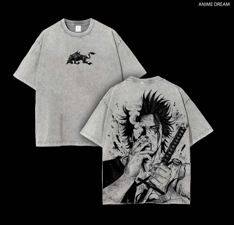 Yami Sukehiro x Black Bulls Black Clover Anime Double Printed Vintage Washed Tee Unisex Oversize Heavyweight Cotton T-shirt for Anime Fans and Lovers