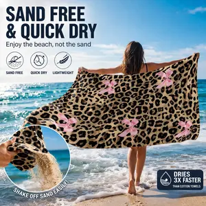 Leopard Print Bow Pattern Beach Towel, Soft Quick Drying Microfiber Towel, Strong Wrap Design for Beach and Pool Use