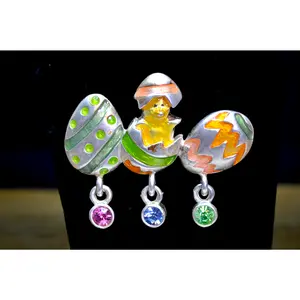 Vintage Silver-Tone Easter Brooch with Hatching Chick and Decorated Eggs -Enameled Easter Egg Bar Pin with Dangle Crystal Charms