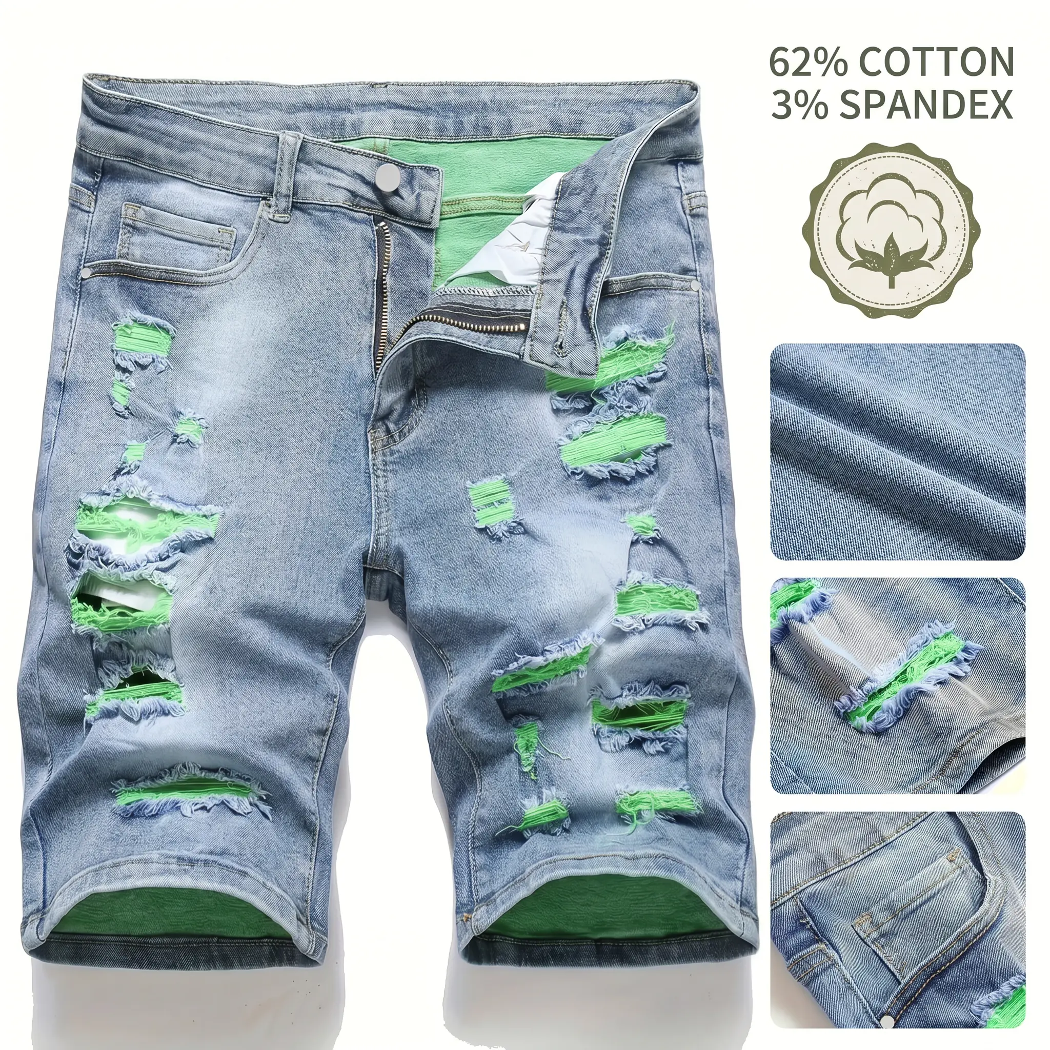 Men’s summer ripped denim shorts—slim straight knee-length cut, washed distressed finish, green inner lining fabric with contrasting color design for the rips; fabric has slight stretch for comfort without feeling tight; a surprise gift for men.