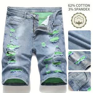 Men’s summer ripped denim shorts—slim straight knee-length cut, washed distressed finish, green inner lining fabric with contrasting color design for the rips; fabric has slight stretch for comfort without feeling tight; a surprise gift for men.