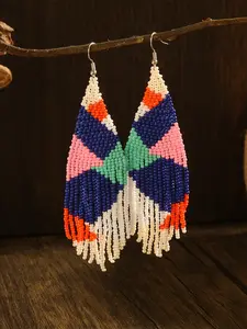Women's Fashion Fringe Earrings, Fringe Design, Bohemian Style Square Geometric Pattern, Handmade Glass Beads, Daily Wear, Versatile, All Seasons, Gift Idea, Trendy Jewelry
