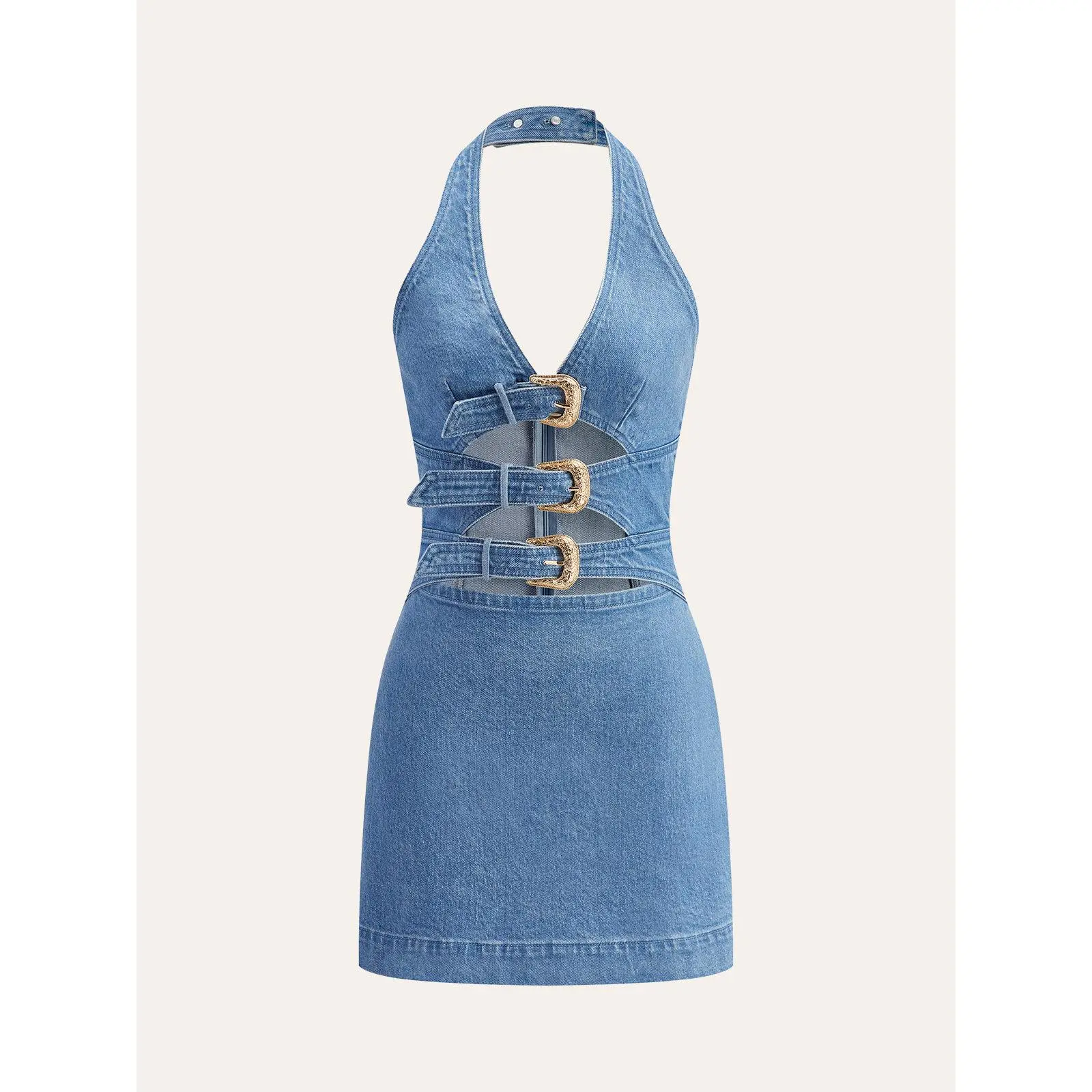 Halter Neck Buckle Detail Denim Dress