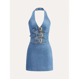 Halter Neck Buckle Detail Denim Dress