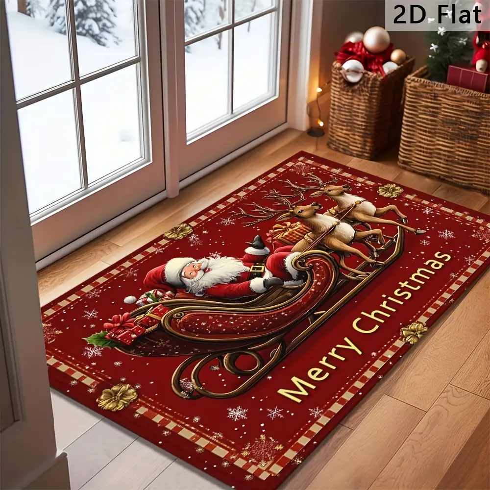 1pc Santa Claus Welcome Doormat Non-Slip Machine-Washable Christmas Floor Mat with Reindeer & Snowflakes Design Festive Holiday Decor for Home Entrance Perfect Christmas Gift Christmas Decorations