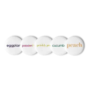 Fruit Buttons, Eggplant, Passion Fruit, Prickly Pear, Cucumber, Peach. Set of 5 Pin Buttons For You And Friends Scratch UV Resistant Tinplate Glossy Finish Easy to Put On. Fun To Share!