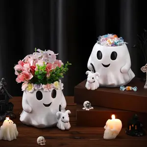 2 Pcs Ghost Bucket Decor Halloween 6 Inch Cutest Ghost Bucket Decor Vase Candy Bowl Planter Pot Halloween Centerpiece for Indoor Outdoor Garden Home Display Stand Decoration