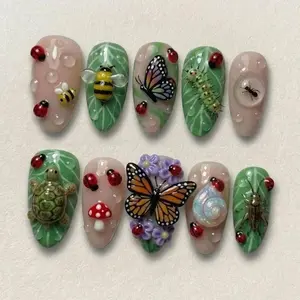 Insect Garden Press On Nails 3D Turtle Snail Butterfly Mushroom Bee Summer Vibe
