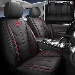 Waterproof Leather Car Seat Covers with Red Stitching and Crown Logo for Enhanced Protection and Style Durable Leather Easy Installation Versatile Fit