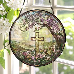Cross And Wild Flower STAINED SUNCATCHER, Christian Cross Windows Hanging, Flower Cross Gift For Religious, Christian Faith Home Decor