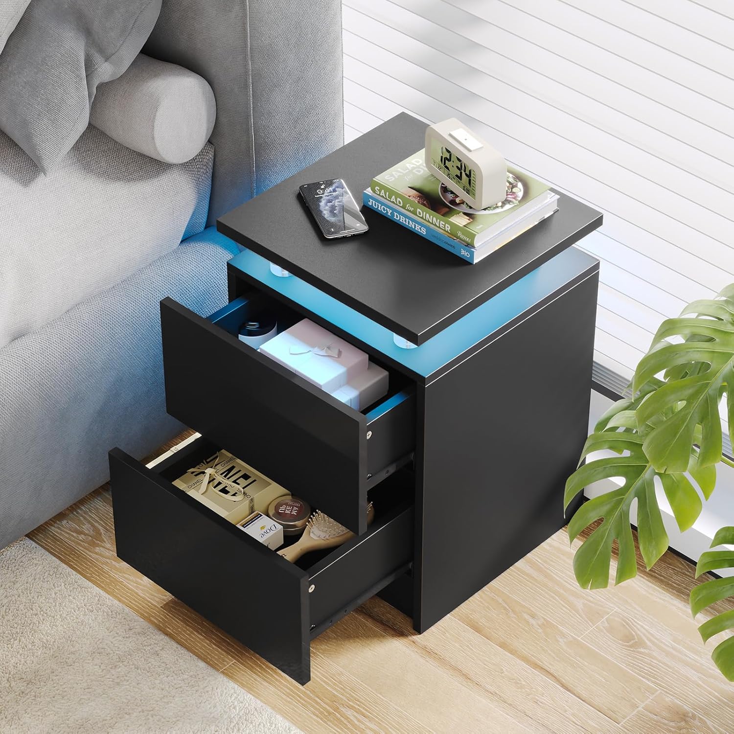 Nightstand Set of 2 with LED Lights, 15IN Black Bedside Table, 2 Storage Drawers, Compact Design for Bedroom, Modern Finish