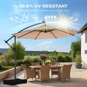 10ft Solar LED Offset Cantilever Patio Umbrella with Base, UPF50+ UV Protection, Easy Tilt & Crank for Outdoor Patio & Garden