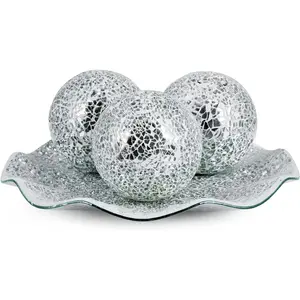 Centerpiece Bowl and Balls Set, Mosaic Tray with 3 count Spheres, 12" Decorative Plate with 4" Mosaic Orbs for Home Decor,  ()