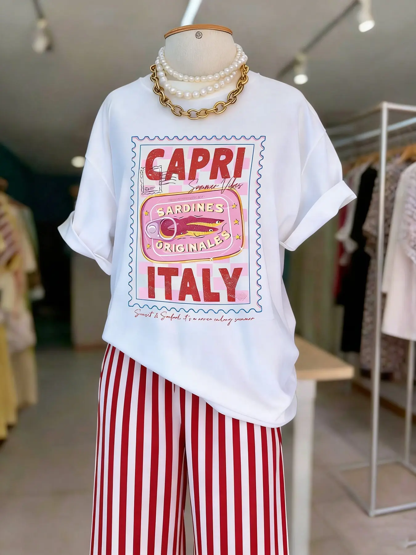 Women's Capri Italy Graphic Tee, Sardines Stamp Print T Shirt, 2026 Summer Vacation Oversized Soft Polyester Dopamine Dressing Top, Weekend Casual & Beach Casual Top.