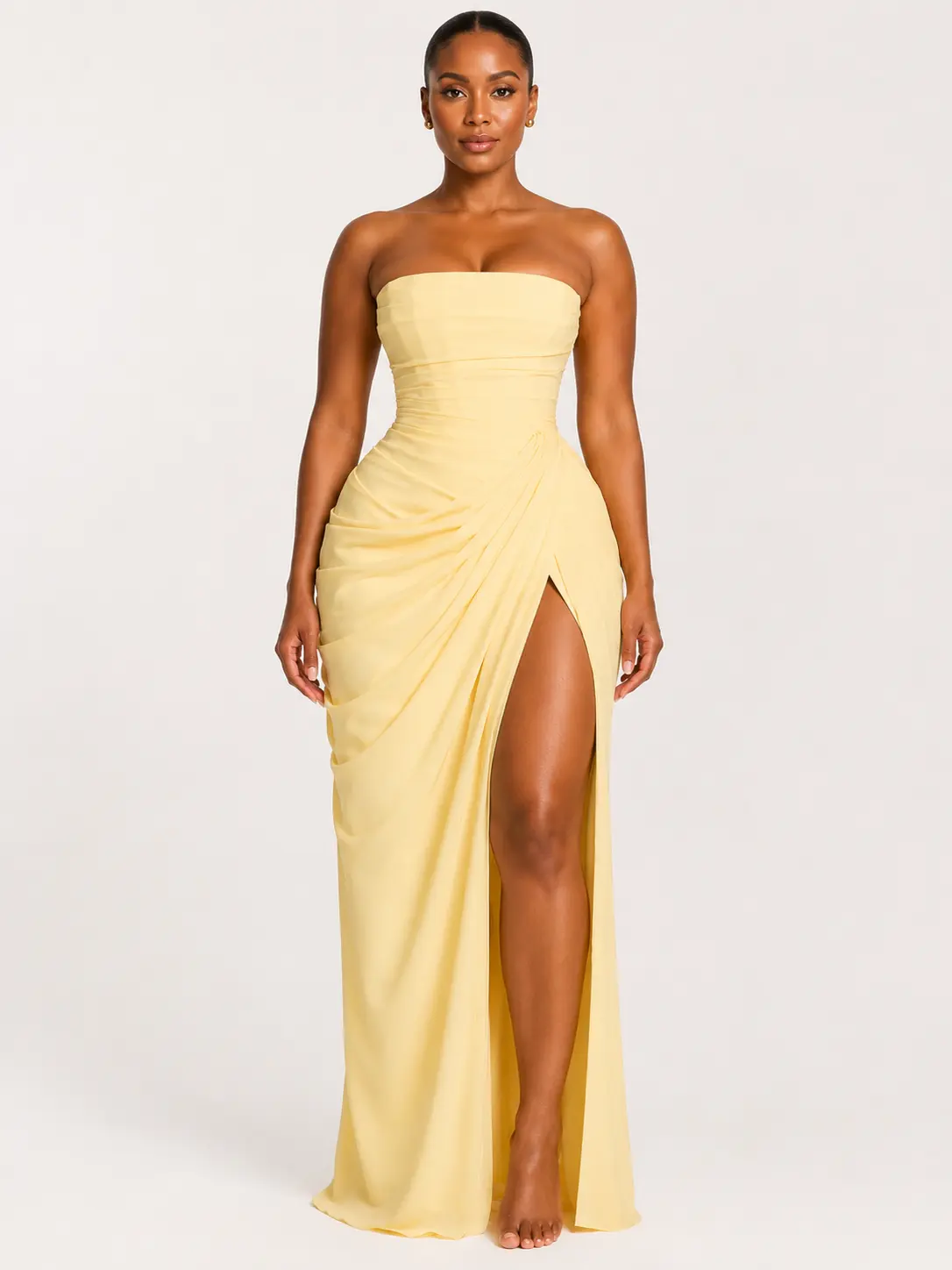 Sculpt Touch Women's Strapless Corset Maxi Dress Ruched High Slit Lace Up Back Formal Evening Dress Sculpt Touch Women's Strapless Corset Maxi Dress Ruched High Slit Lace Up Back Formal Evening Dress