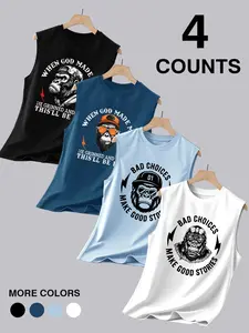 Men's 4-Pack Gorilla Quote Print Sleeveless Vest, Fun Satirical Round Neck Top, Casual Fitness & Streetwear Sporty Vest Set#FunnyQuoteTops #Mens4PackTank #GymWorkoutShirt #TikTokFashion #SarcasticStreetwear #EverydayCasualTees #MultiPackEssentials
