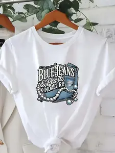 Trendy Graphic Casual Printed Round Neck Tee, Denim Pearl Element Casual Fitted Top, Daily Streetwear with Unique Slogan, Stylish and Attitudinal