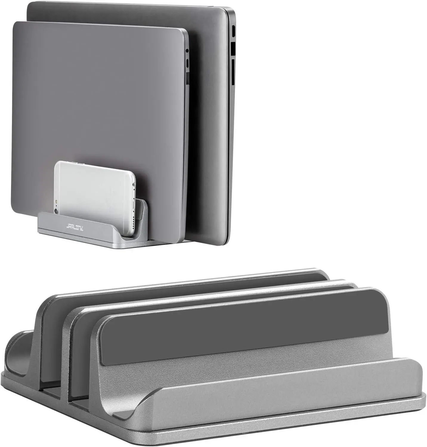 4-in-1 Adjustable Vertical Laptop Stand Holder,  Dual Slots Laptop Rack for Desk, Space-Saving Organizer Compatible with  MacBook, Surface, Chromebook, and Gaming Laptops (Grey)