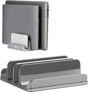 4-in-1 Adjustable Vertical Laptop Stand Holder,  Dual Slots Laptop Rack for Desk, Space-Saving Organizer Compatible with  MacBook, Surface, Chromebook, and Gaming Laptops (Grey)
