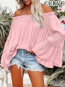 Plus Size Elegant Women's One-Shoulder Flare Sleeve Loose Top Blouse, Stylish Casual Shirt for Daily Wear & Special Occasions, Comfortable Fit Design