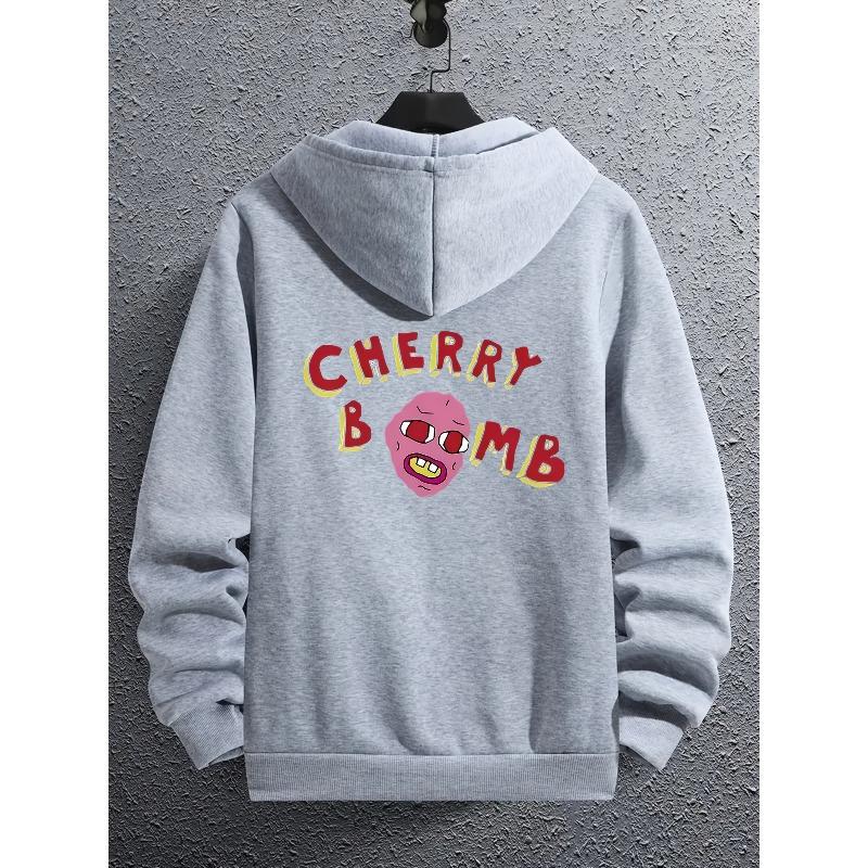 Men's Y2K 2000s Cherry Bomb Graphic Hooded Jacket Bold Red Yellow Lettering Zip Up Polyester Streetwear Fall Outfits Vacation Party Everyday Casual Durable Stylish Gift