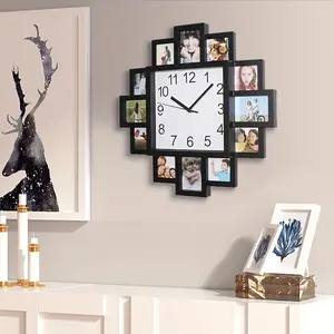New 1pc 12-Photo Display Wall Clock 15.3-inch Square Wooden Frame Silent Quartz Clock Ideal For Living Room & Bedroom Memory Collage Timeless Gift For Family & Travel Souvenirs For Home Room Living Room Office Decor