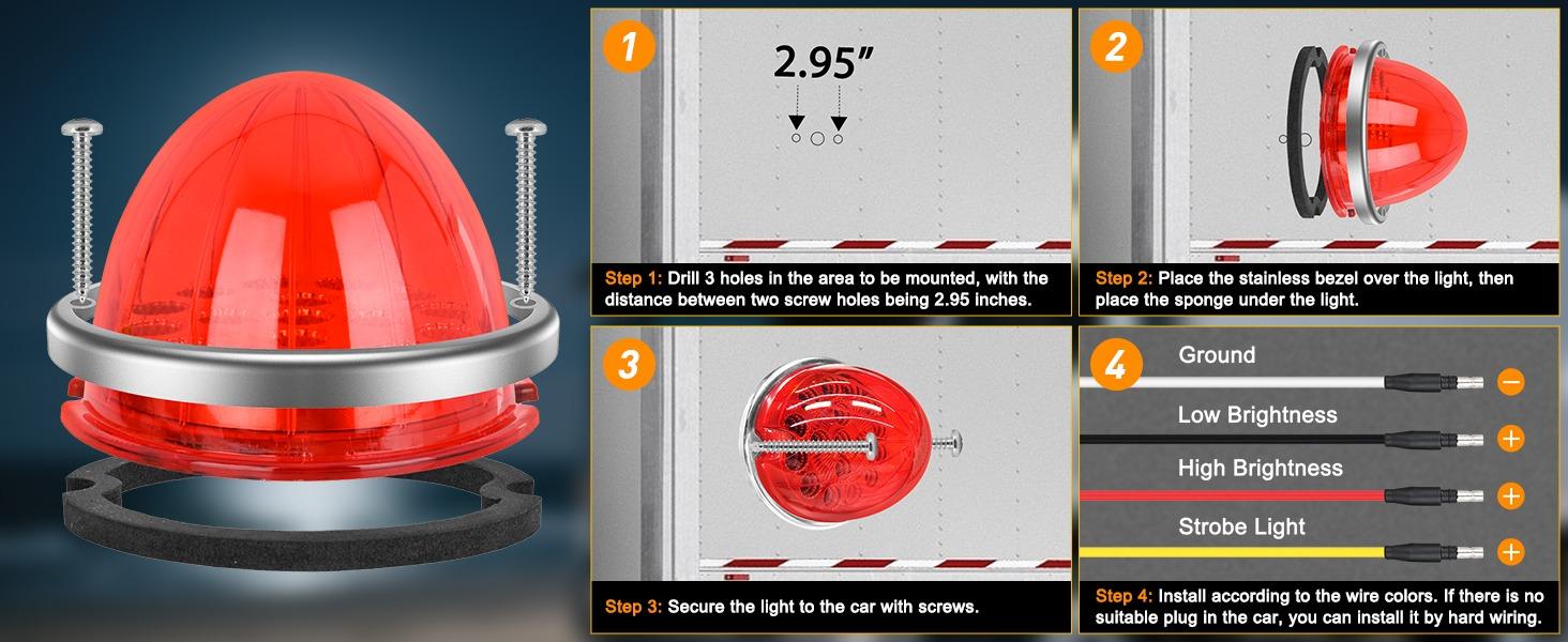 Nilight Watermelon Light 17 LED Triple Function 2PCS Red Lens Stainless Steel Bezel Marker Clearance Strobe Brake Lights 4 Plug IP68 Waterproof for Trailer Truck Pickup Camper RV ATV UTV Boat