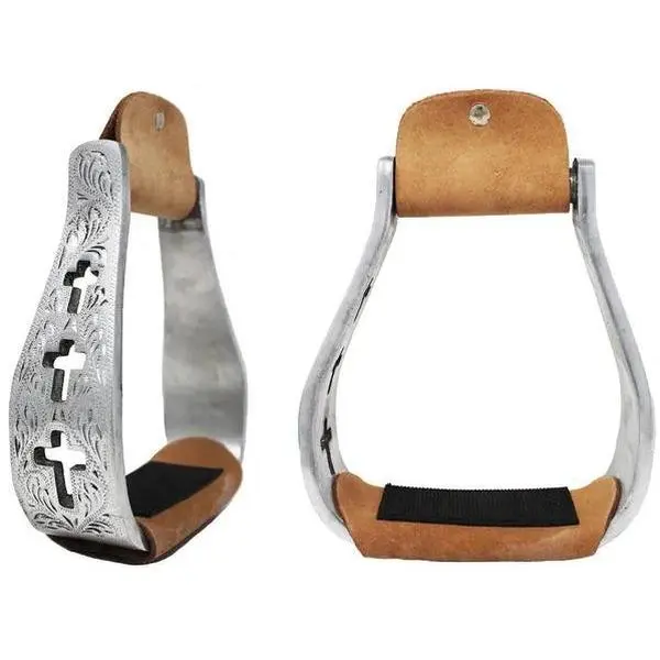 Western Show Stirrups Aluminum Leather Tread Cross Engraved #50124