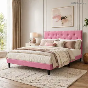 Modern Button-Tufted Full Size Bed Frame, Linen Fabric Upholstered with Headboard, No Box Spring Needed, Wood Slat Support, Easy Setup, Blush Pink Indoor Furniture