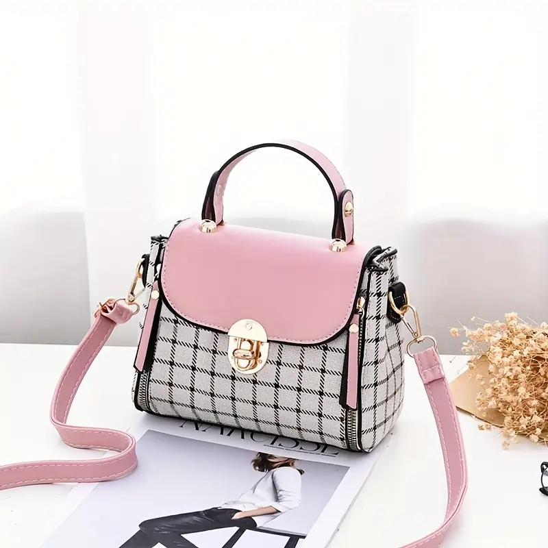 Women's Chic Vintage Plaid Modest Boston Crossbody Bag - Cow Hide Leather Colorblock Patchwork, Double Handle, Detachable Adjustable Strap, Zip Closure, Polyester Lined, Edge Painted, Hand Washable, Casual/Formal Accessory
