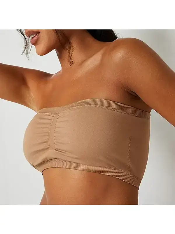 Ambrielle Seamless Microfiber Bandeau Bra Wireless Light Support Pullover Head Closure Spandex Women's Basic Minimalist Style Lingerie Womenswear Fabric Nylon Bridal Pecan Praline Summer Wear