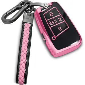 for Volkswagen key fob cover with metal/leather keychain,TPU 5 Buttons Key case,compatible with Tiguan Atlas Jetta Passat Golf Alltrack Remote smart Key,car Key Accessories,Pink