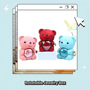 Luxury Rotatable Ring Jewelry Box with Mirror for Home Bathroom Kitchen Travel Laundry Use Elegant Gift Box for Women Girls Valentine's Day Mothers Day Preserved Rose Bear Decor