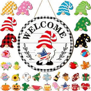 Qunclay Interchangeable Wooden Gnome Decor Holiday Seasonal Gnome Decorations with Magnet Pieces and Detachable Hats Changeable Welcome Sign for Home(Vivid Style)