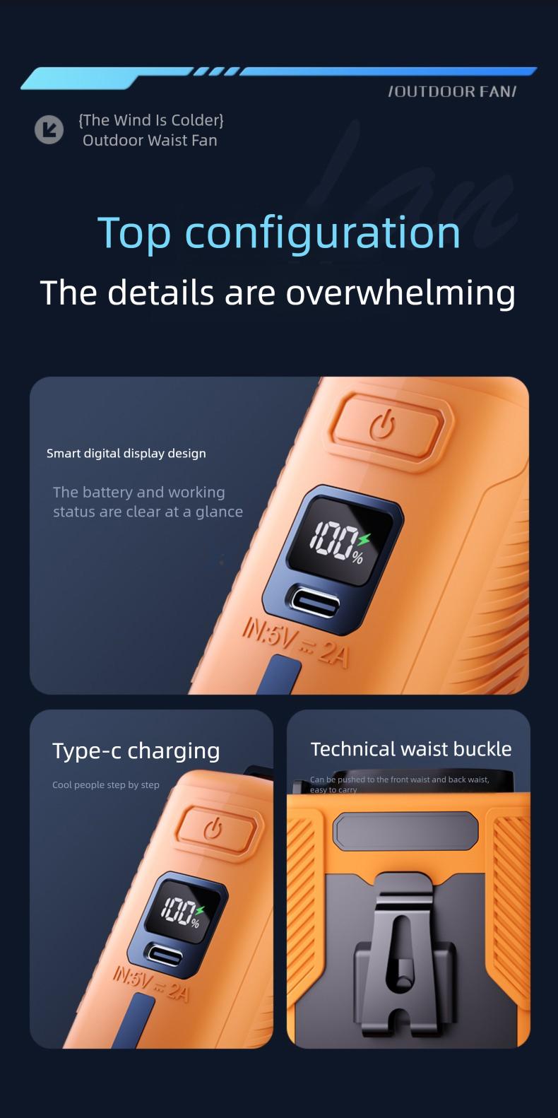 HOOYS Personal Waist Portable Rechargeable Fan, 6000mAh Battery Power bank, 5 Speeds 5300RPM Airflow, LED Light, Wearable Belt Fan for Outdoor, Jobsite, Farms, Traveling, Fishing