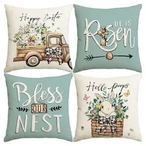 4pcs Easter farmhouse truck, cute rabbit style pillow cover, 18x18 inch home decoration gift, suitable for sofas, living rooms, bedrooms, and outdoor use (no pillow core)