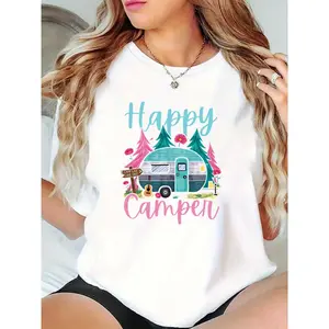 Women's Happy Camper Graphic T-Shirt | Camper Van, Pine Trees, Guitar & Camping Sign Print | Casual Summer Outdoor Adventure Tee for Camping Enthusiasts 100% Cotton T-shirt