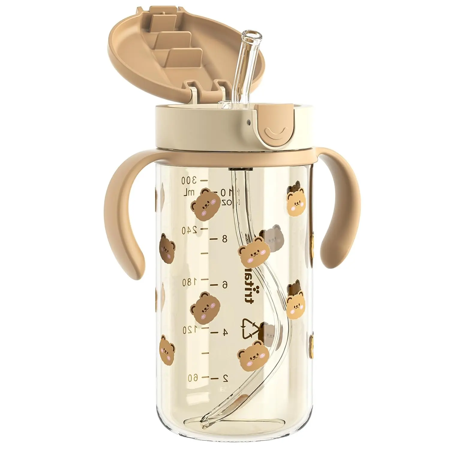 Tritan BPA-Free Honey Bear Spill-Proof Leak-Proof Toddler Straw Sippy Cup - 10 oz, Removable Handles, Crystal-Clear, Portable Travel Size Handle and Lid Drinkware for 1-3 Years Old, Ideal for School & Travel
