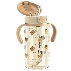 Tritan Spill Proof Toddler Straw Sippy Cup, 10 oz for Baby and Toddlers 1-3 Years Old, No Spill Straw Water Bottle with Removable Handles, Ideal for School, BPA-Free, Honey Bear