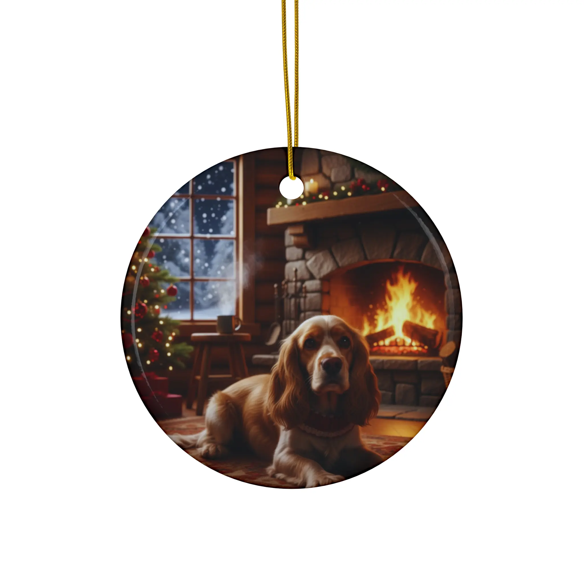 Cozy Christmas Dog Ornament – Warm Fireplace Scene | Holiday Pet Gift | Ceramic Tree Decoration for Dog Lovers