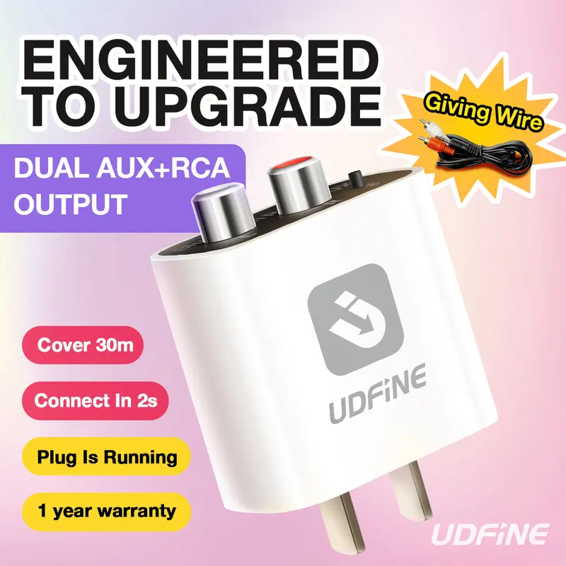 UDFINE Bluetooth 5.4 Hi-Res Wireless Receiver Adapter (1x) - Low Latency, Volume Sync, Dual AUX RCA Outputs, 3.5mm Audio Cable, Mobile Cable, Automatic Reconnection, Plug-and-Play, Phone-to-Stereo Link Accessory for Old Stereo Speakers, iPhone Accessories