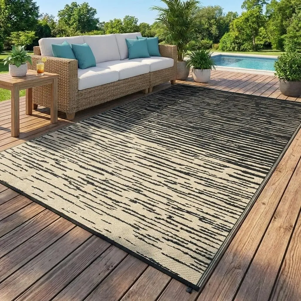 Patio Rugs Outdoor Waterproof Modern Outdoor Camping Rug, Neutral Striped Plastic Straw Rugs, Reversible UV Resistant Outside Carpet for Picnic Backyard Deck Camper Balcony, Black Coffee