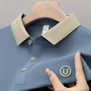 Plus Size New Fashion Men's Versatile Polo Shirt Moisture Wicking Lapel Trendy High-end Summer Short Sleeve Solid Color Casual Stylish (BXDN.PL00243) Fabric Menswear Top Golf Knitted Polyester Shiny Soft Shortsleeve Sky Blue Wetsuit Tropical