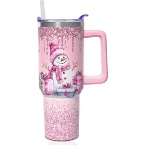 40 oz Christmas Tumbler with Handle and Straw, Stainless Steel Insulated Snowman Tumbler 40 oz, Reusable Pink Snowman Cup with Leak Proof Lid, Christmas Gifts for Women  water bottle Flasks Bottled