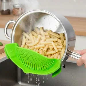 Silicone Clip Strainer & Colander - Heat Resistant Non-Slip Kitchen Tool for Draining Pasta, Veggies, Fruits, and Dishes. Space-Saving Design, Dishwasher Safe with Secure Grip Handle. Kitchen Gadgets