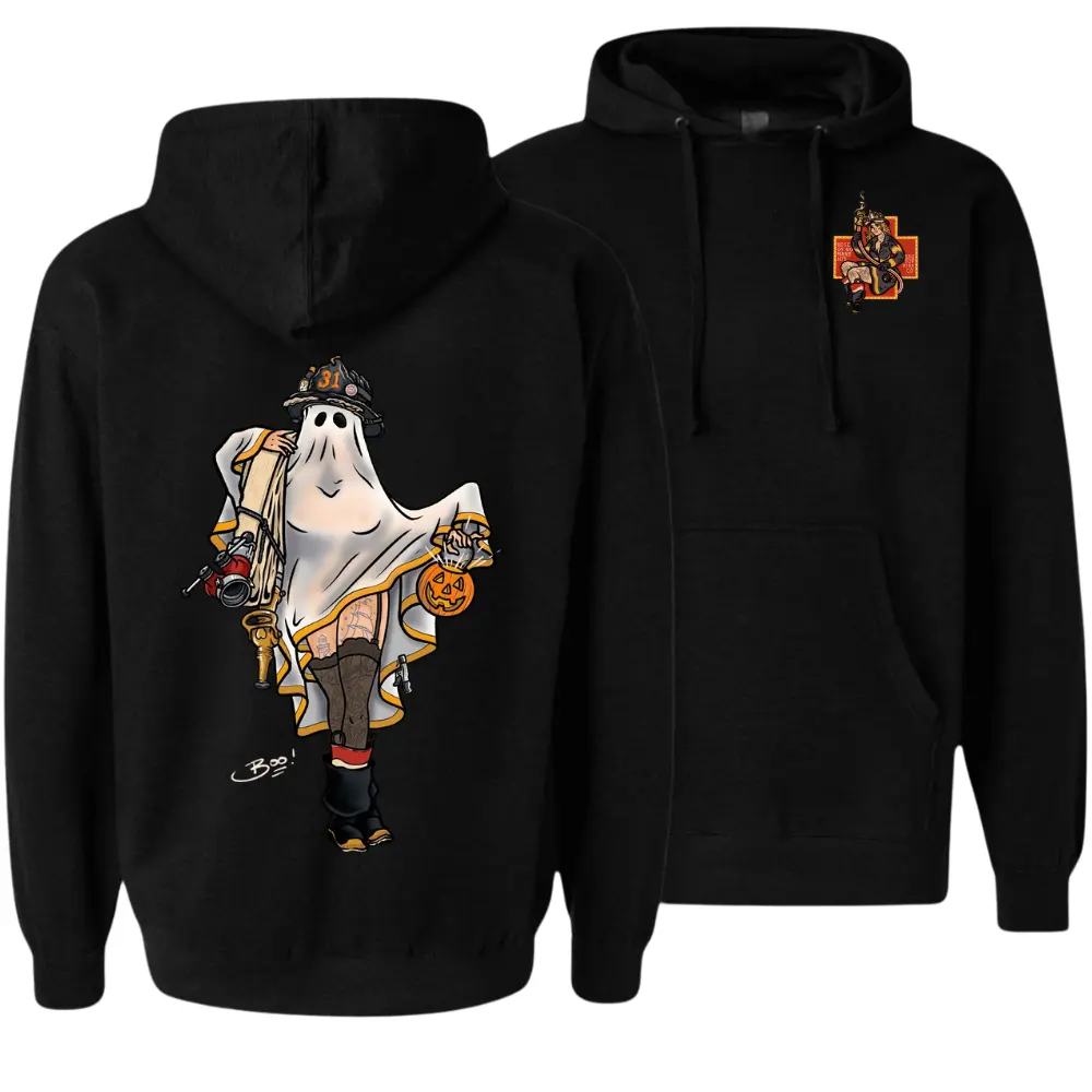 Halloween Firefighter Ghost Graphic Hoodie, Firefighter Halloween Costume T-Shirt, Soft Cotton Blend Shirt, Firefighter Apparel for Men & Women, Firefighter Halloween Gift