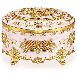 Metal  Box - Oval Trinket Organizer Ring Box Case with Rose   Storage Box for Ring Earrings Necklace,  for Women